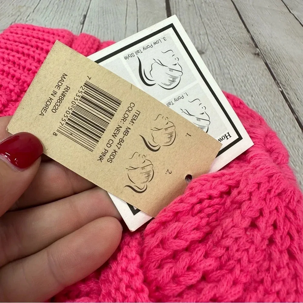 NWT Boutique C.C. crochet messy bun beanie tail kids ivory and new CD pink